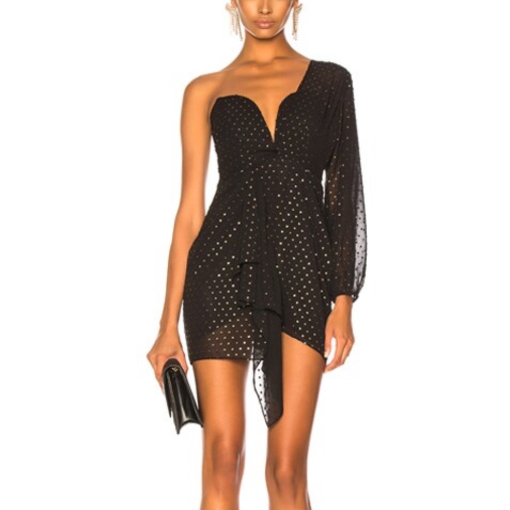 Michelle Mason Mini Dress Draped Plunge One Sleeve LBD New Years Birthday